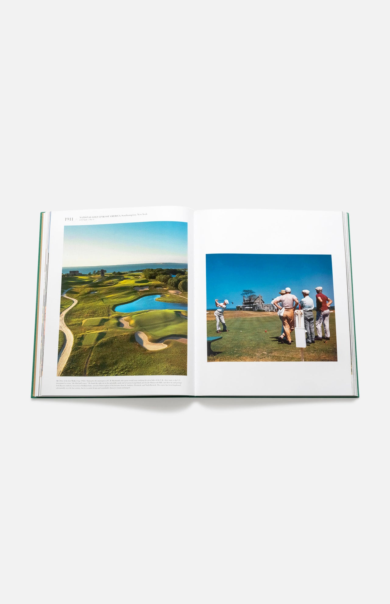 An open copy of Golf: The Impossible Collection by ASSOULINE shows an aerial golf course photo on the left and a group of golfers with caddies on a green under a blue sky—an essential coffee table book for golf lovers.