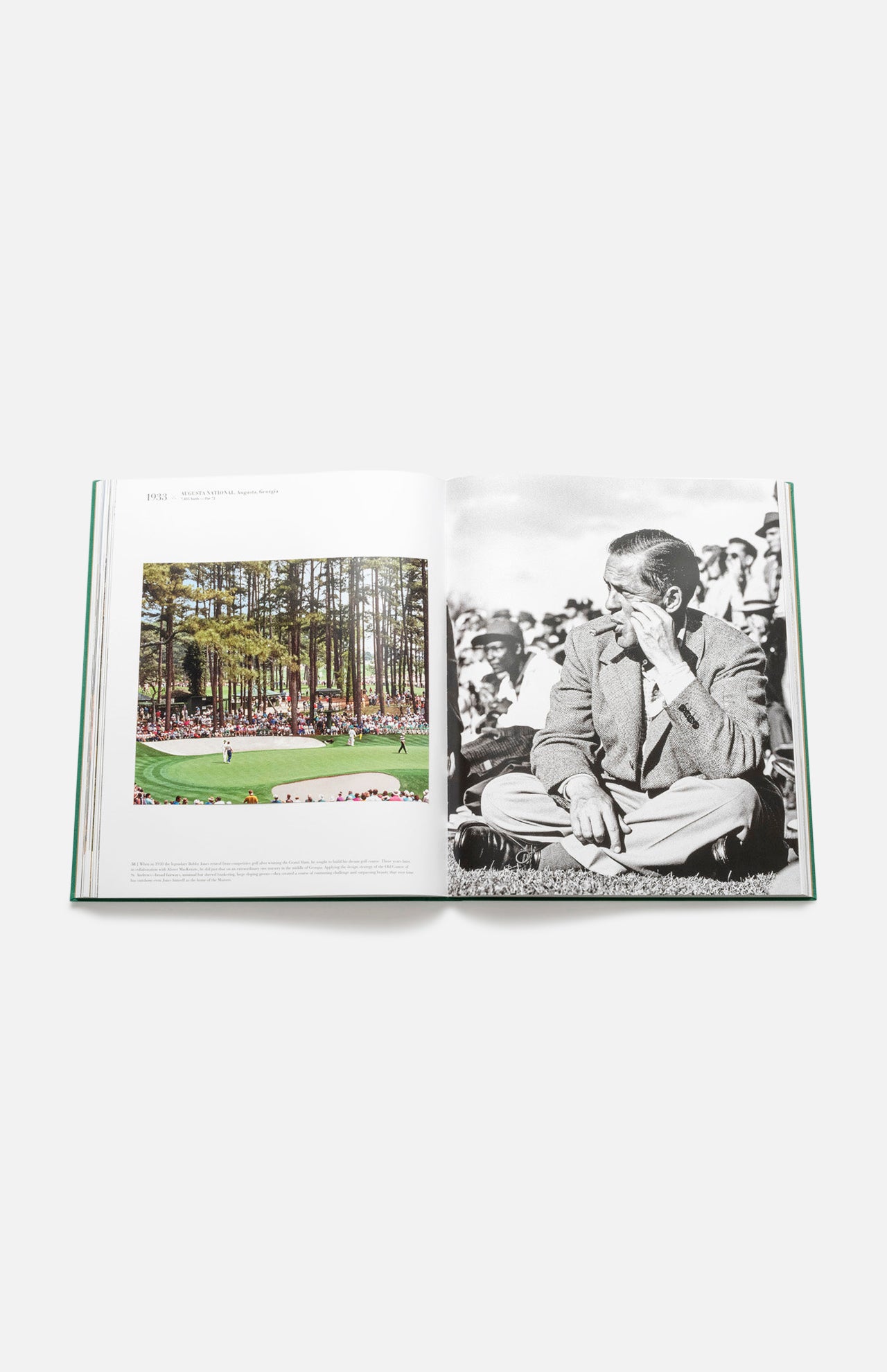 An open copy of ASSOULINE’s Golf: The Impossible Collection displays a color golf match photo on the left page and a black-and-white image of a suited man in a crowd on the right, both pages featuring text above the images.