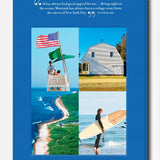 Introducing “Hamptons Private” by ASSOULINE—a stunning blue-bordered collage inspired by the Hamptons, featuring a beach quote, a lifeguard with U.S. and green flags, a charming white house, an aerial coastline view, and a surfer poised on the sand with his surfboard. This captivating image is perfect for any coffee table book that celebrates the luxurious seaside lifestyle.
