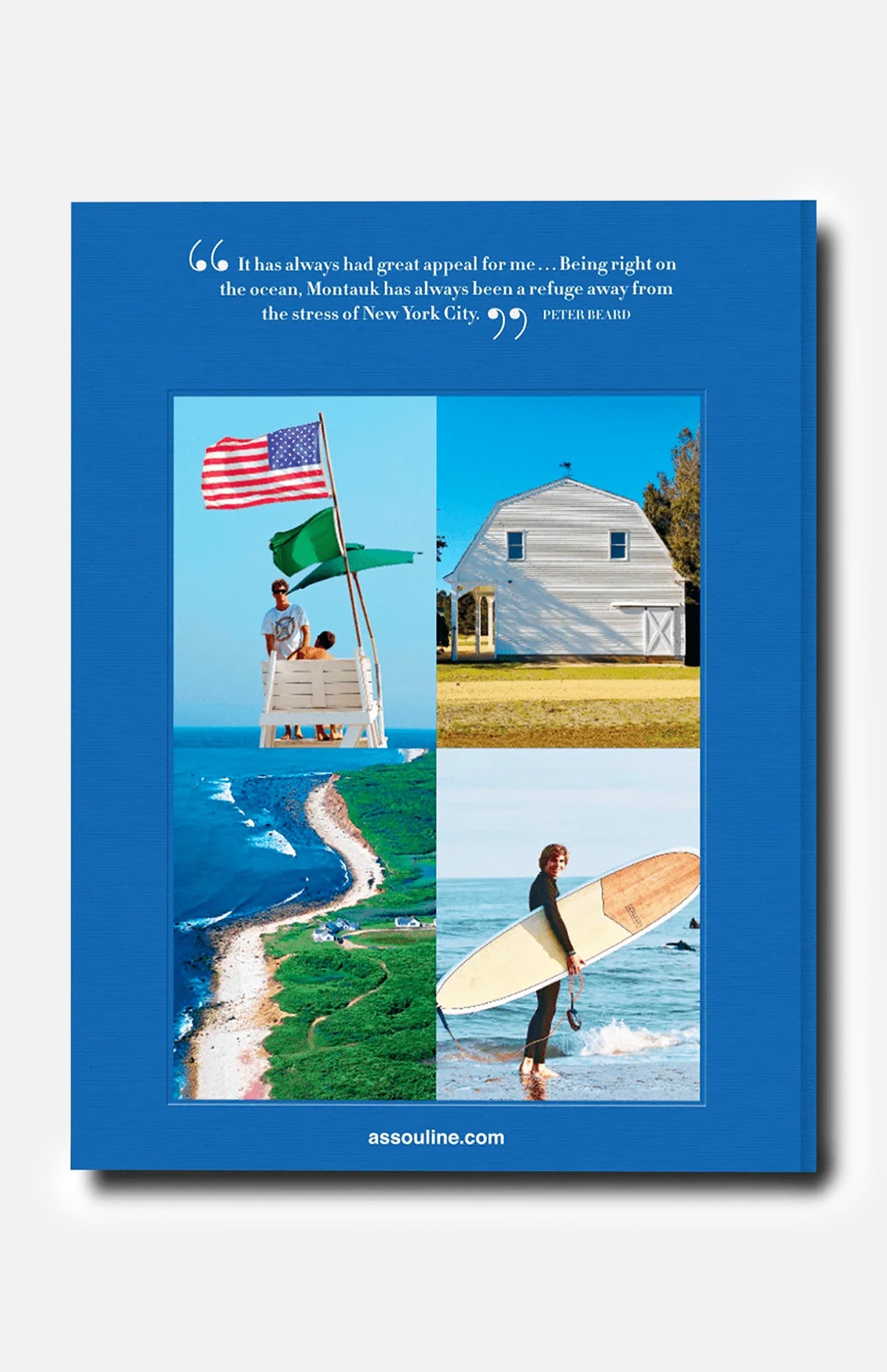 Introducing “Hamptons Private” by ASSOULINE—a stunning blue-bordered collage inspired by the Hamptons, featuring a beach quote, a lifeguard with U.S. and green flags, a charming white house, an aerial coastline view, and a surfer poised on the sand with his surfboard. This captivating image is perfect for any coffee table book that celebrates the luxurious seaside lifestyle.