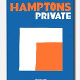 Hamptons Private by ASSOULINE is a striking coffee table book featuring a blue cover with bold orange and white text, accented by a modern abstract square design—perfectly encapsulating the luxury lifestyle of the Hamptons.