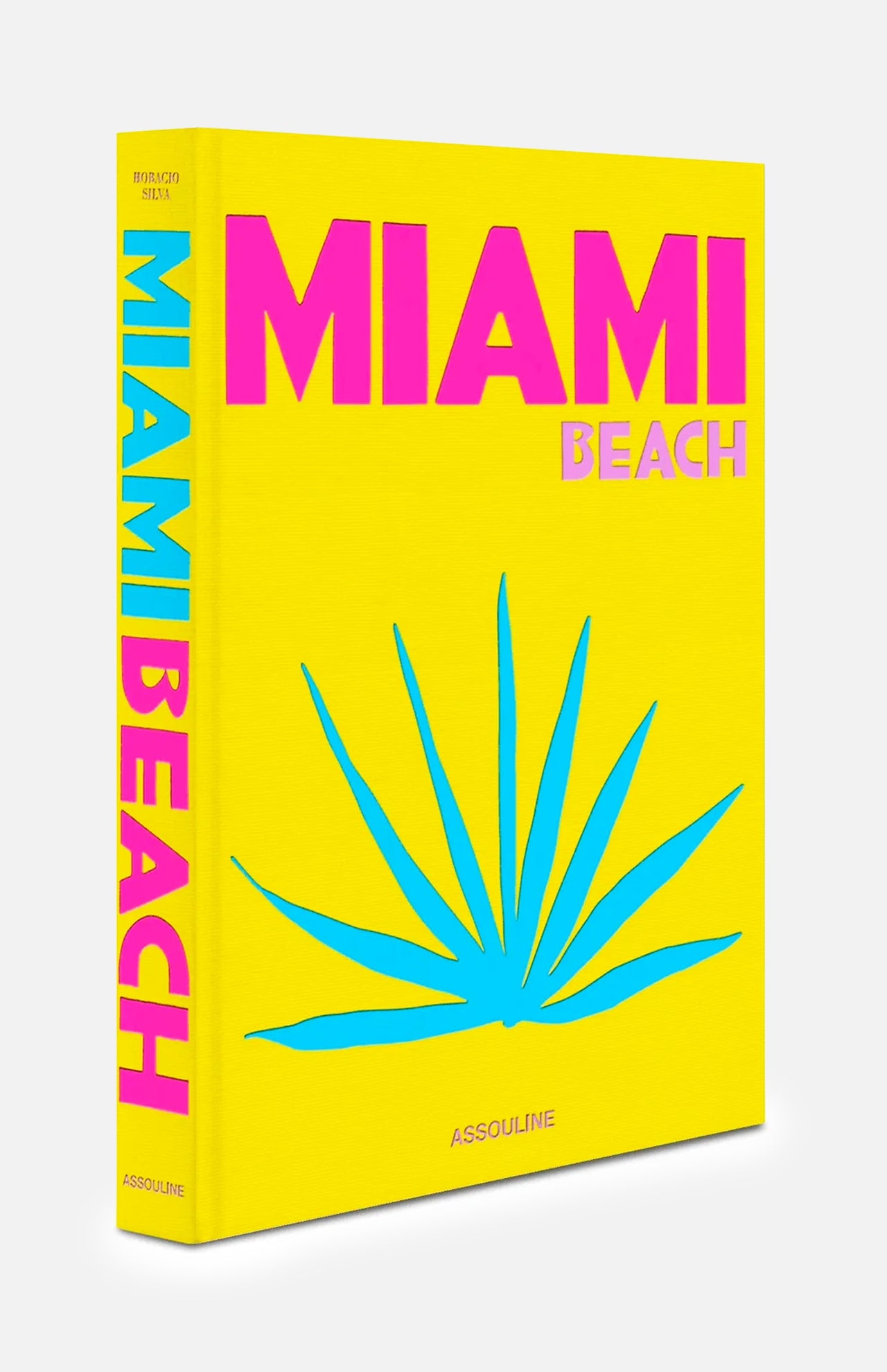 ASSOULINE’s “Miami Beach” is a bright yellow book with bold pink lettering and a blue abstract palm leaf cover design that embodies the energetic aesthetic of Art Basel Miami Beach. On the spine, “Miami Beach” appears vertically, reflecting the striking art deco style seen throughout Miami’s famous travel landmarks.