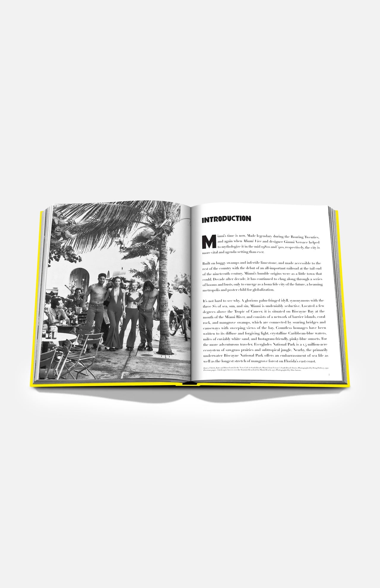 A book titled *Miami Beach* by ASSOULINE lies open on a white background, its striking yellow-edged pages showcasing a black-and-white photograph of people beneath palm trees on the left, and an Introduction section on the right. The imagery hints at art deco architecture and the vibrant cultural scene of Art Basel Miami Beach, capturing the city’s allure.