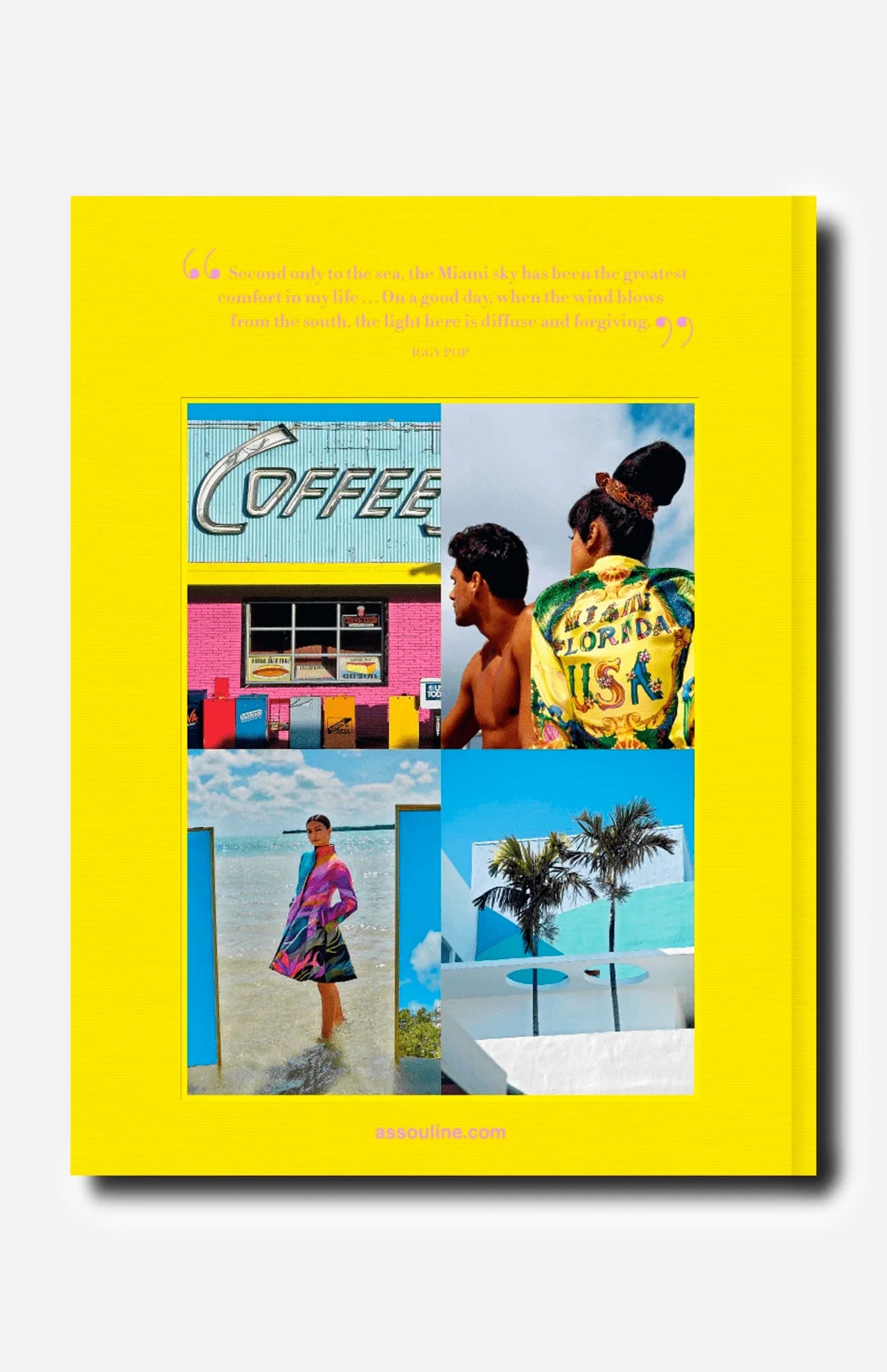 A vibrant collage on a yellow background showcases Miami Beach by ASSOULINE, featuring colorful coffee shops, beachgoers, palm trees, and iconic Art Deco-inspired scenery. Dynamic text and quotes evoke the lively spirit of Miami travel.
