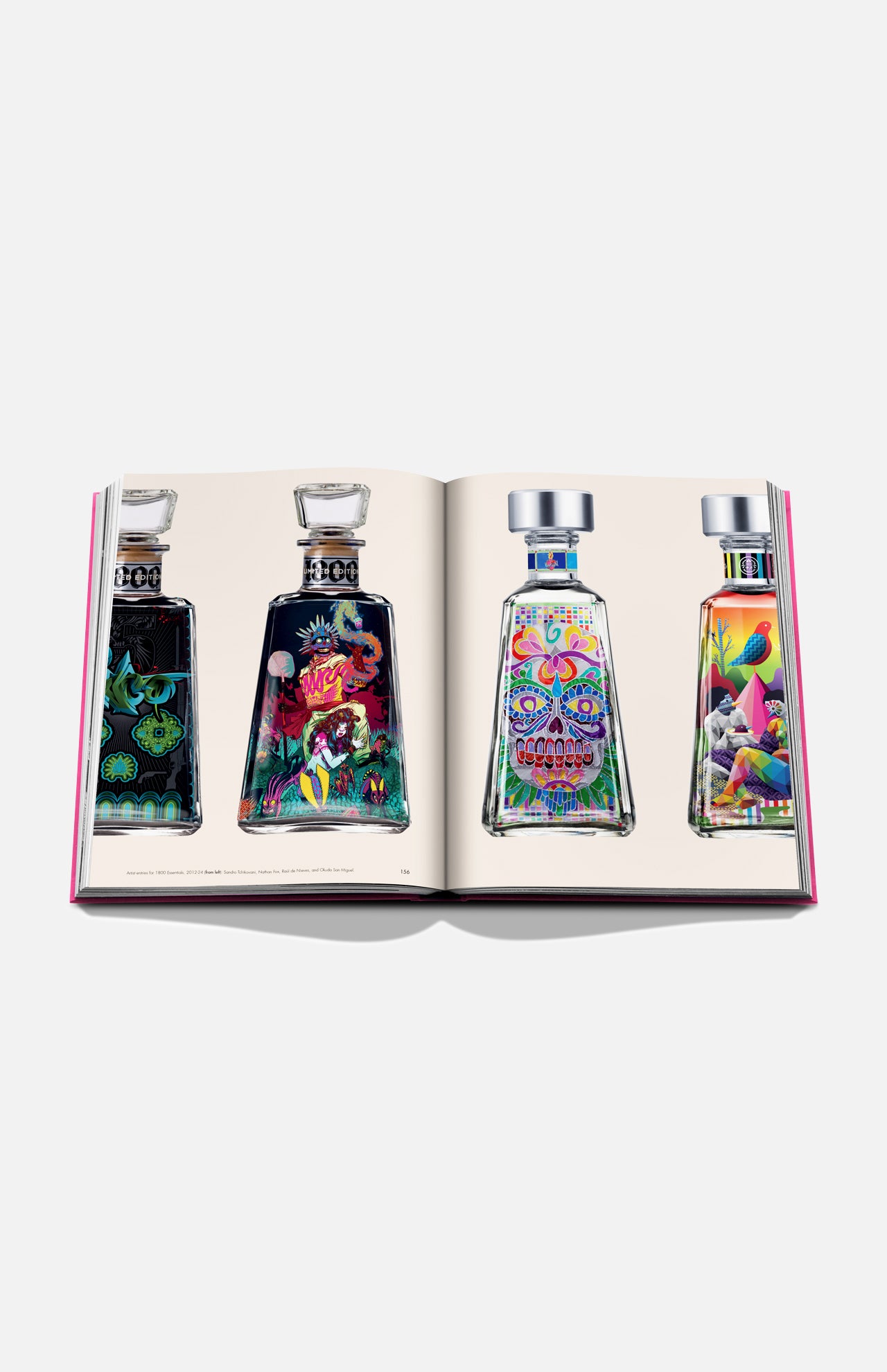The Art of Tequila: Spirit of Mexico Book by Assouline features four vibrant collectible tequila bottles, each with colorful, intricate artwork inspired by Mexican art and patterns, displayed against a white background.
