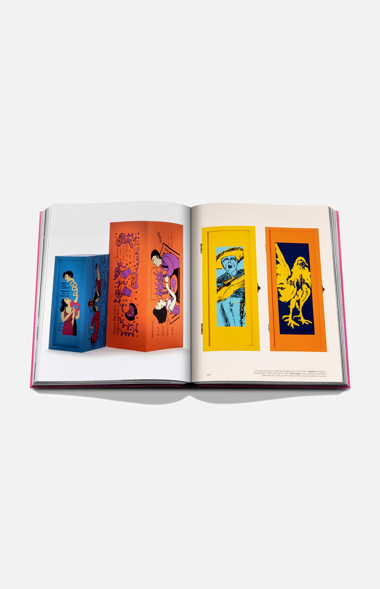An open copy of "The Art of Tequila: Spirit of Mexico Book" by Assouline displays vibrant Mexican-inspired illustrations with blue, red, orange, and yellow backgrounds, featuring stylized human and animal figures.