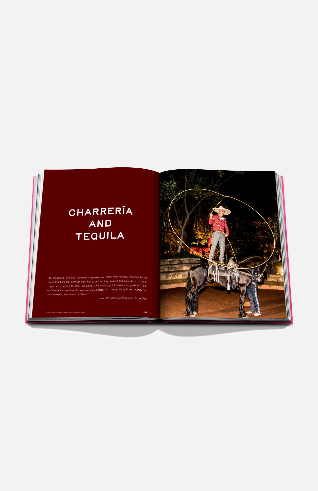 An open spread of Assouline’s "The Art of Tequila: Spirit of Mexico" shows “CHARRERÍA AND TEQUILA” on red and a nighttime photo of a charro performing rope tricks on horseback, celebrating tequila heritage and Mexican artistry.
