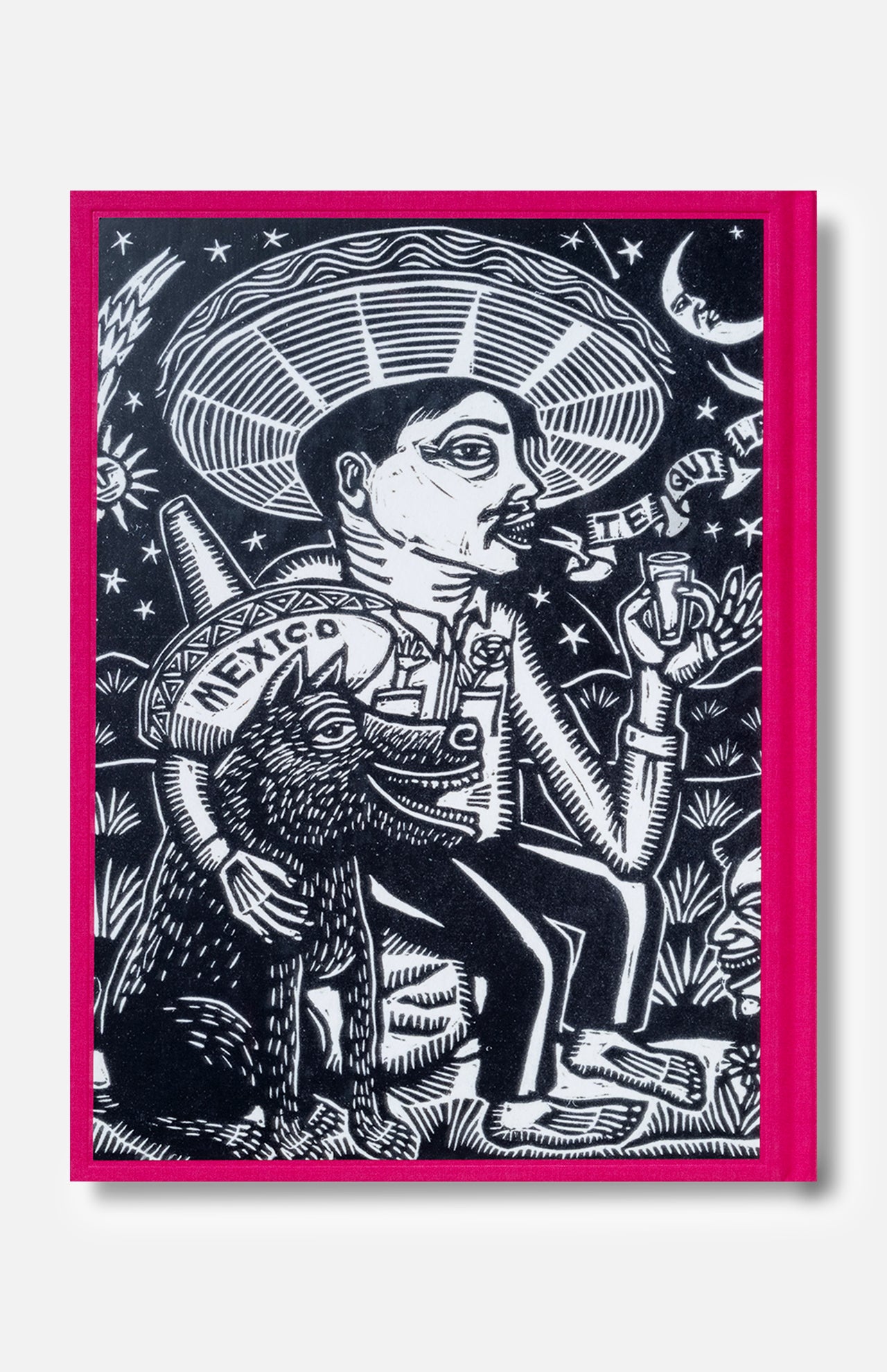 Assouline’s "The Art of Tequila: Spirit of Mexico Book" features black and white art of a man in a sombrero with a drink, beside a wolf labeled "Mexico," surrounded by stars, plants, moon, and framed with a bright pink border.
