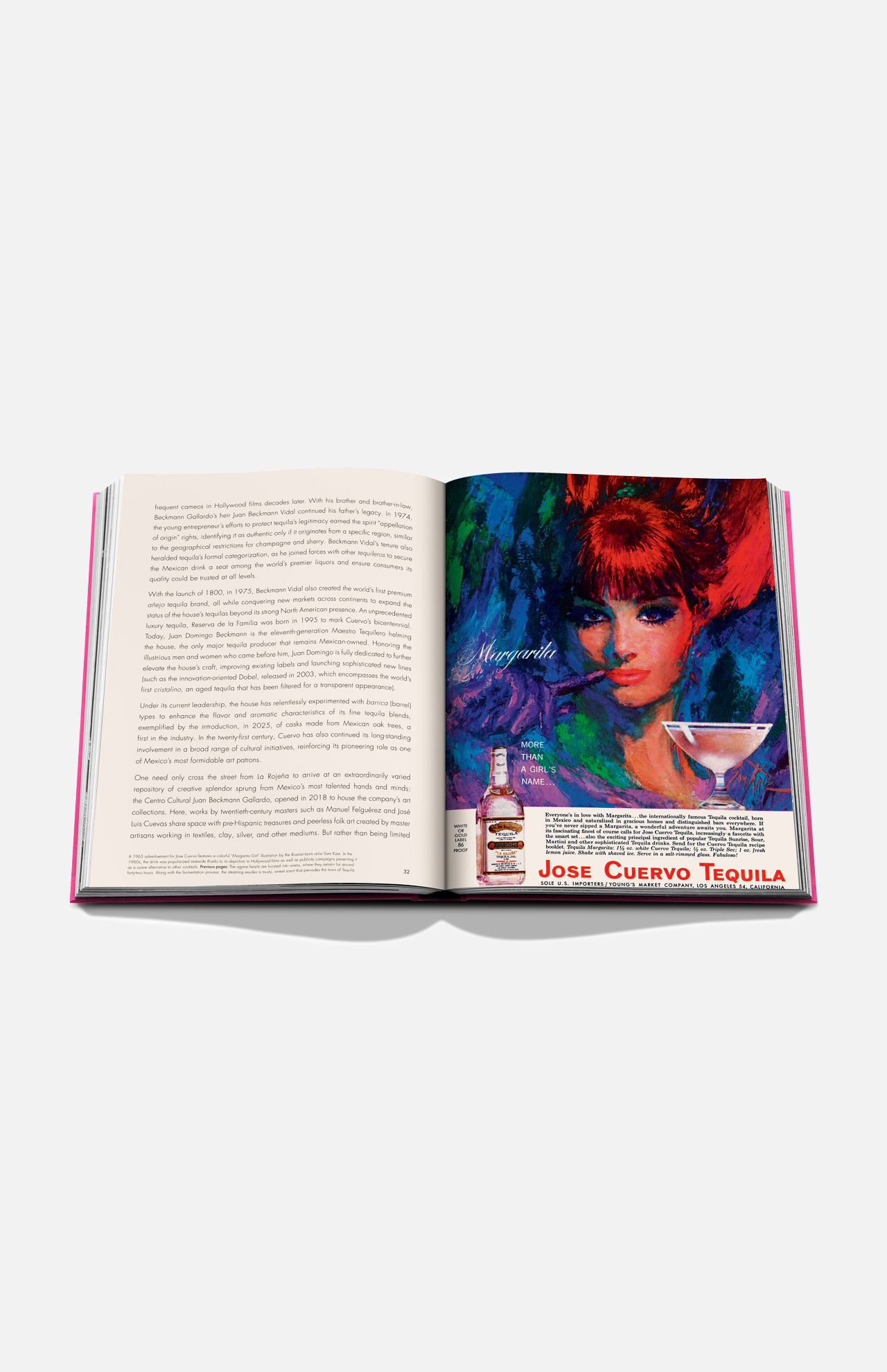 An open book, The Art of Tequila: Spirit of Mexico by Assouline, displays text on the left and a vibrant vintage tequila ad inspired by Mexican art—with a woman’s portrait, a margarita, and collectible bottles—on the right page.
