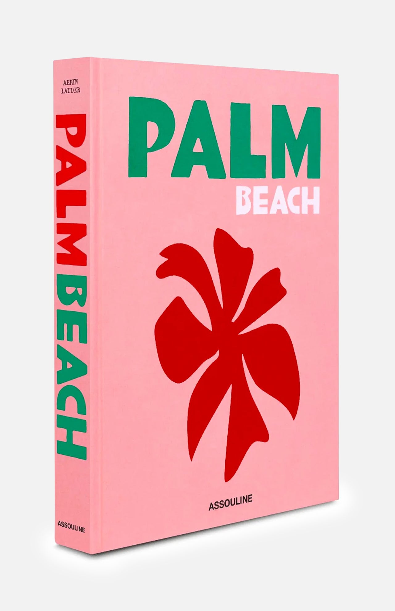 A pink hardcover book titled Palm Beach by ASSOULINE, featuring bold green and white text and a red flower graphic on the cover, perfectly captures the allure of this exclusive community renowned for its luxury resorts.