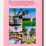 The ASSOULINE Palm Beach book features a pink cover adorned with an inspiring quote and six vibrant images: a luxury car, a woman lounging on the grass, lush palm trees, a woman by a pool in an exclusive community, a pastel-colored hotel in Palm Beach, and an idyllic beach scene. The website assouline.com is displayed at the bottom.