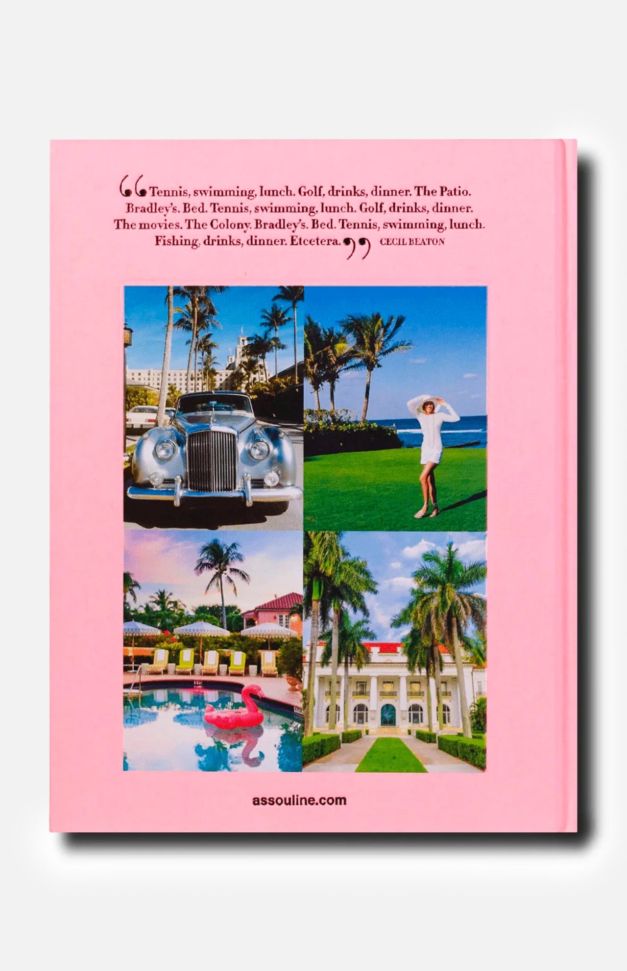 The ASSOULINE Palm Beach book features a pink cover adorned with an inspiring quote and six vibrant images: a luxury car, a woman lounging on the grass, lush palm trees, a woman by a pool in an exclusive community, a pastel-colored hotel in Palm Beach, and an idyllic beach scene. The website assouline.com is displayed at the bottom.