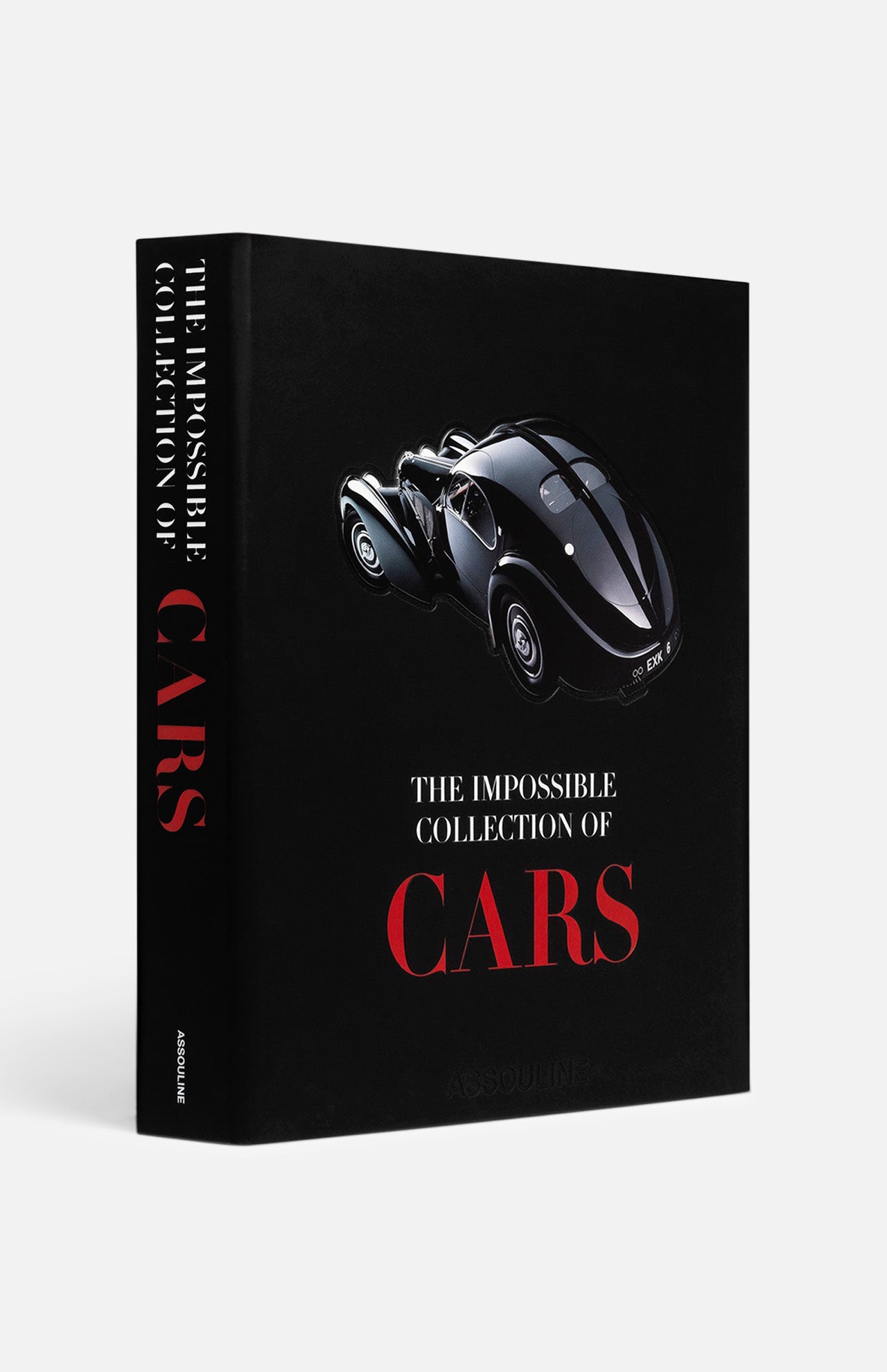 ASSOULINE's The Impossible Collection of Cars is a luxury book with a black cover, glossy finish, and bold red and white text—an ideal gift for car enthusiasts.