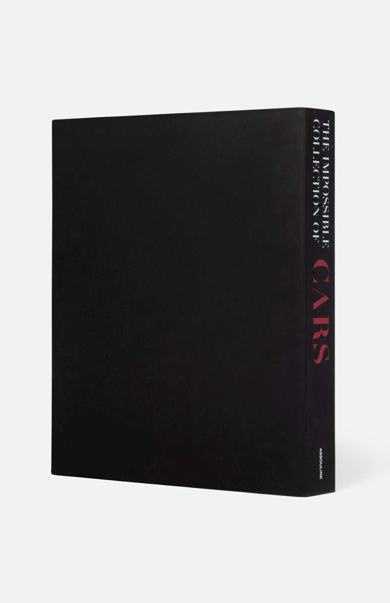 The Impossible Collection of Cars by ASSOULINE is a large black hardcover book standing upright against a plain white background, its spine featuring the title in white and red—a luxury tribute to exceptional automobiles.