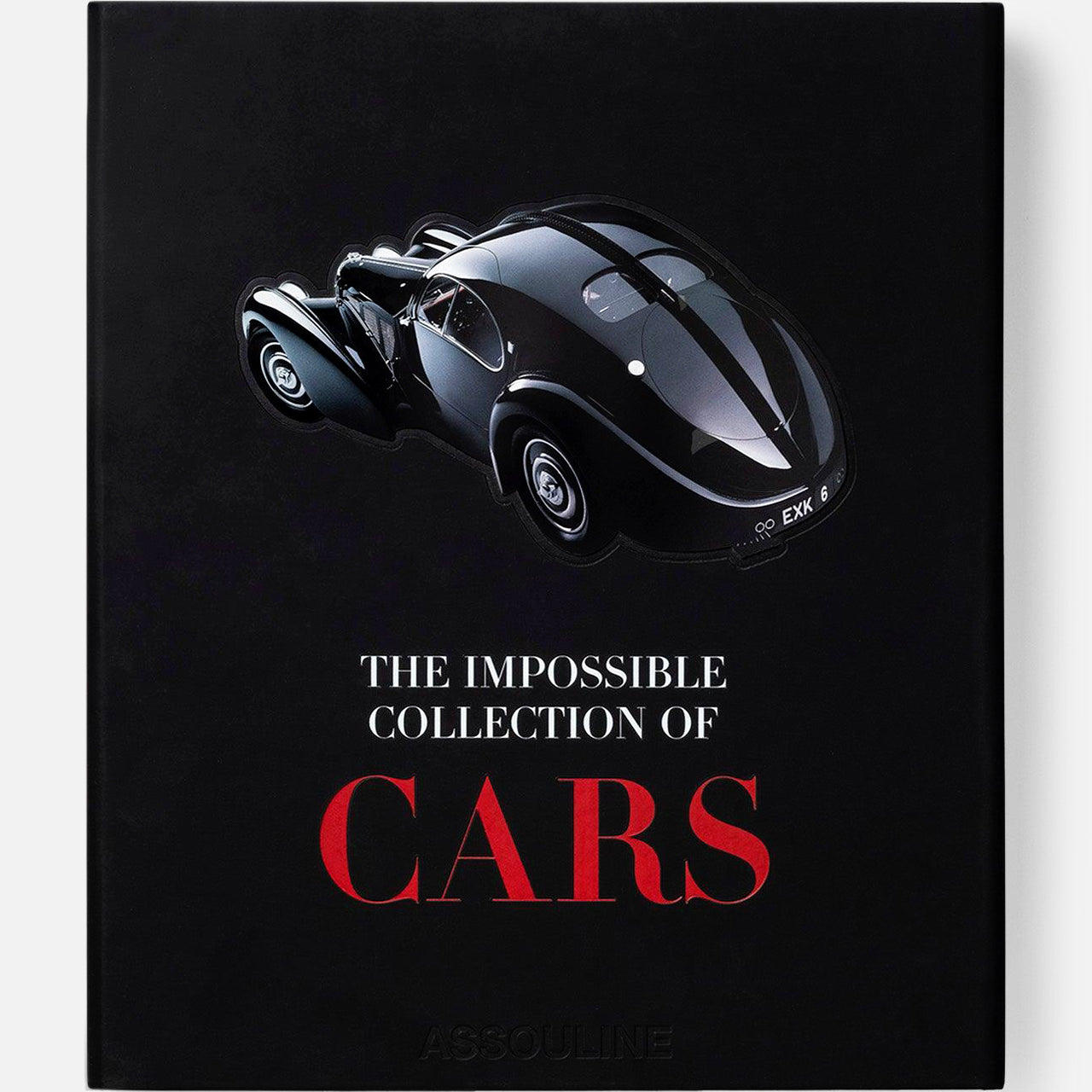 A black book cover displays a sleek vintage car above the title "The Impossible Collection of Cars" in white and red, celebrating luxury automobiles. The brand name, ASSOULINE, is embossed at the bottom.