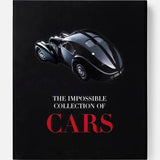 A black book cover displays a sleek vintage car above the title "The Impossible Collection of Cars" in white and red, celebrating luxury automobiles. The brand name, ASSOULINE, is embossed at the bottom.