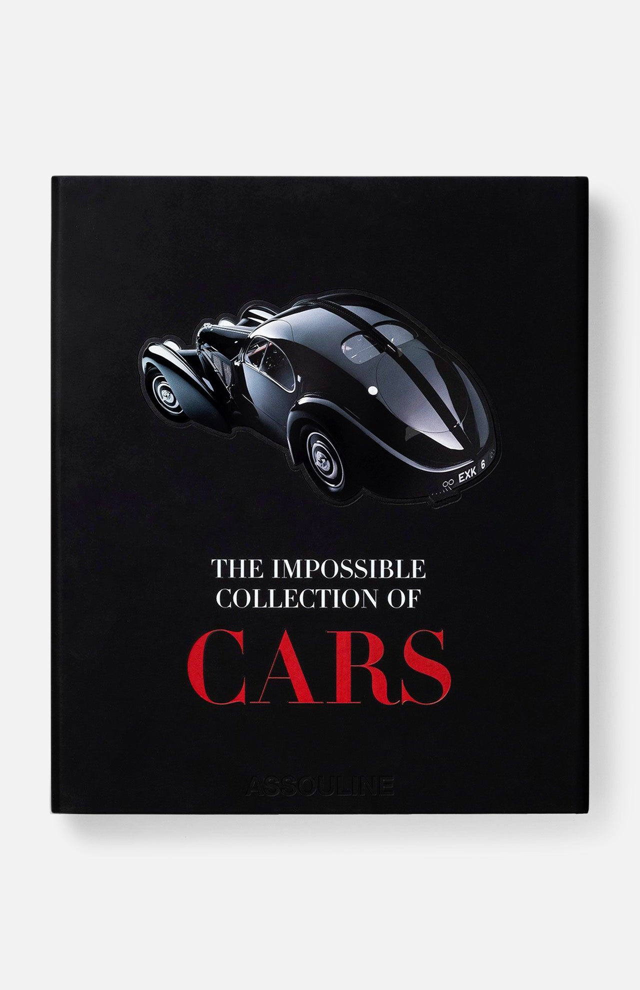 A black book cover displays a sleek vintage car above the title "The Impossible Collection of Cars" in white and red, celebrating luxury automobiles. The brand name, ASSOULINE, is embossed at the bottom.
