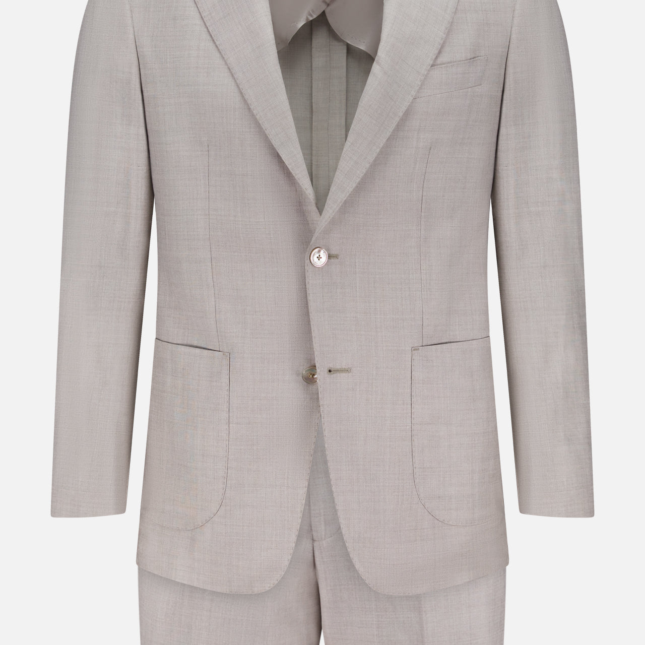 The ATELIER MUNRO Melange Linen Sharkskin Suit is a light grey single-breasted set with notch lapel blazer, two buttons, two front pockets, and matching trousers. Made from a linen-wool blend, displayed front-facing on a plain white background.