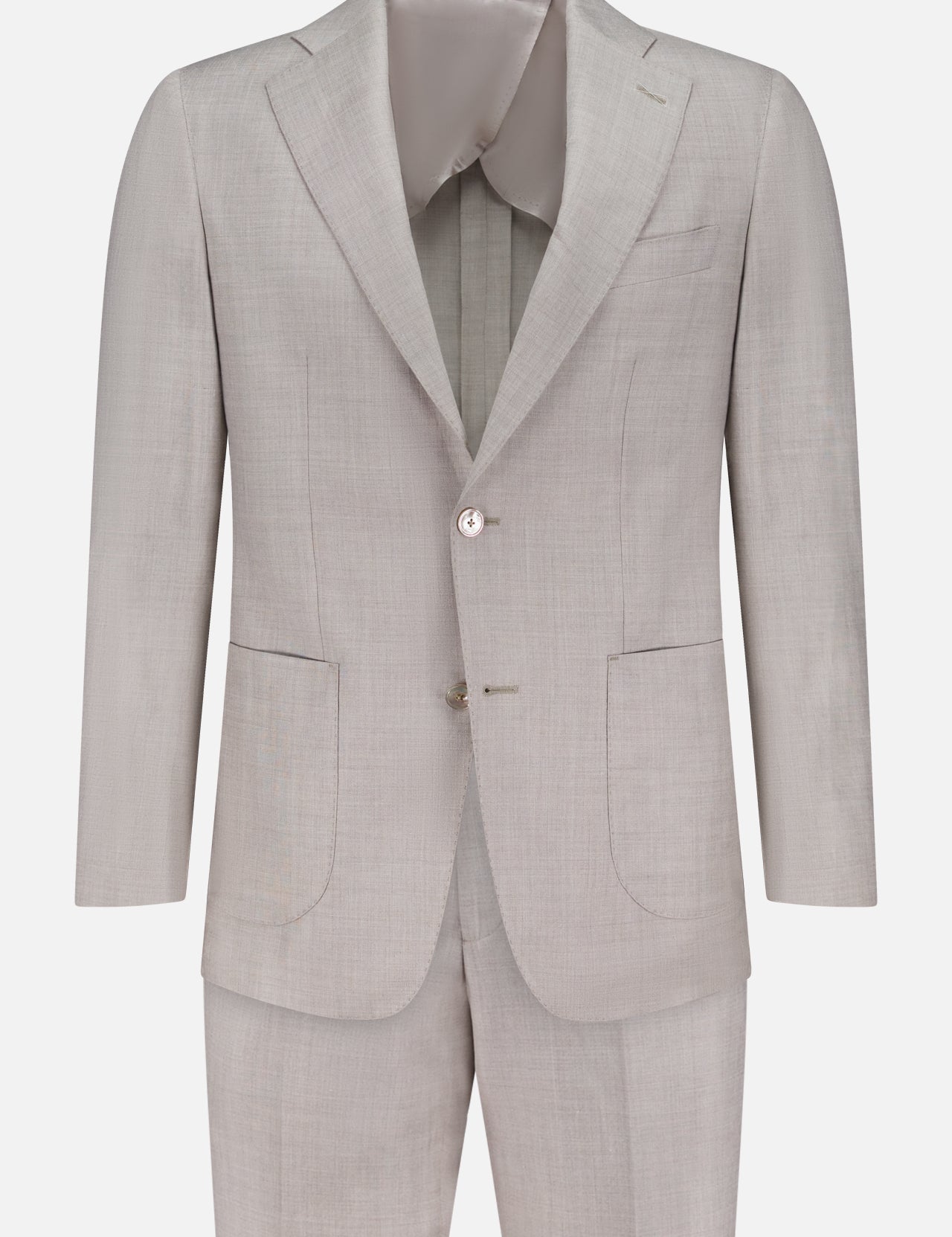 The ATELIER MUNRO Melange Linen Sharkskin Suit is a light grey single-breasted set with notch lapel blazer, two buttons, two front pockets, and matching trousers. Made from a linen-wool blend, displayed front-facing on a plain white background.