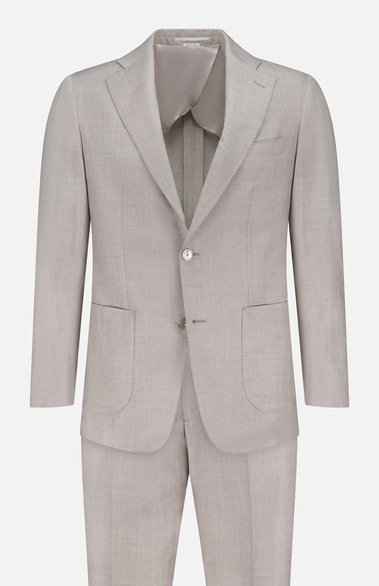 The ATELIER MUNRO Melange Linen Sharkskin Suit is a light grey single-breasted set with notch lapel blazer, two buttons, two front pockets, and matching trousers. Made from a linen-wool blend, displayed front-facing on a plain white background.