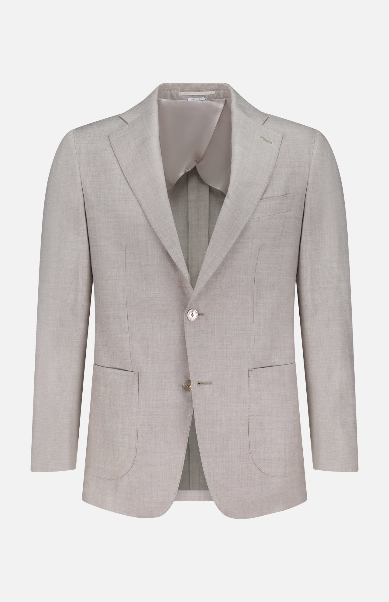 Melange Linen Sharkskin Suit blazer by ATELIER MUNRO in light beige, single-breasted with two buttons, notched lapels, and front patch pockets, shown on a plain white background.