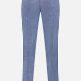 ATELIER MUNRO Melange Wool Silk and Linen Suit pants in light blue feature a slim fit, flat front, belt loops, and button closure—ideal to pair with your favorite suit. Shown against a plain white background.