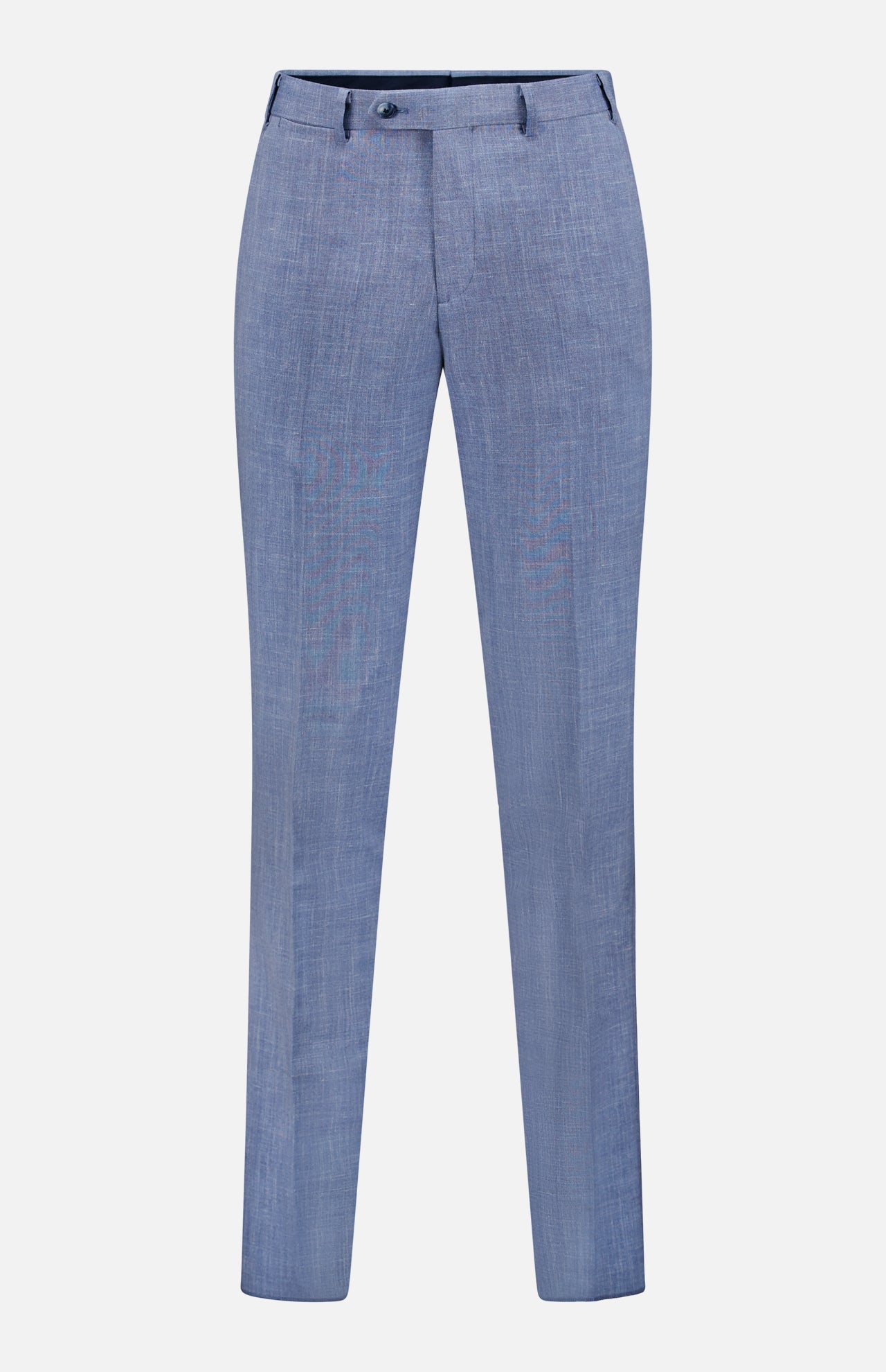 ATELIER MUNRO Melange Wool Silk and Linen Suit pants in light blue feature a slim fit, flat front, belt loops, and button closure—ideal to pair with your favorite suit. Shown against a plain white background.