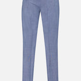 Light blue slim-fit suit pants by ATELIER MUNRO, shown from the back with two buttoned pockets and belt loops. Perfect for pairing with the Melange Wool Silk and Linen Suit. Displayed against a plain white background.