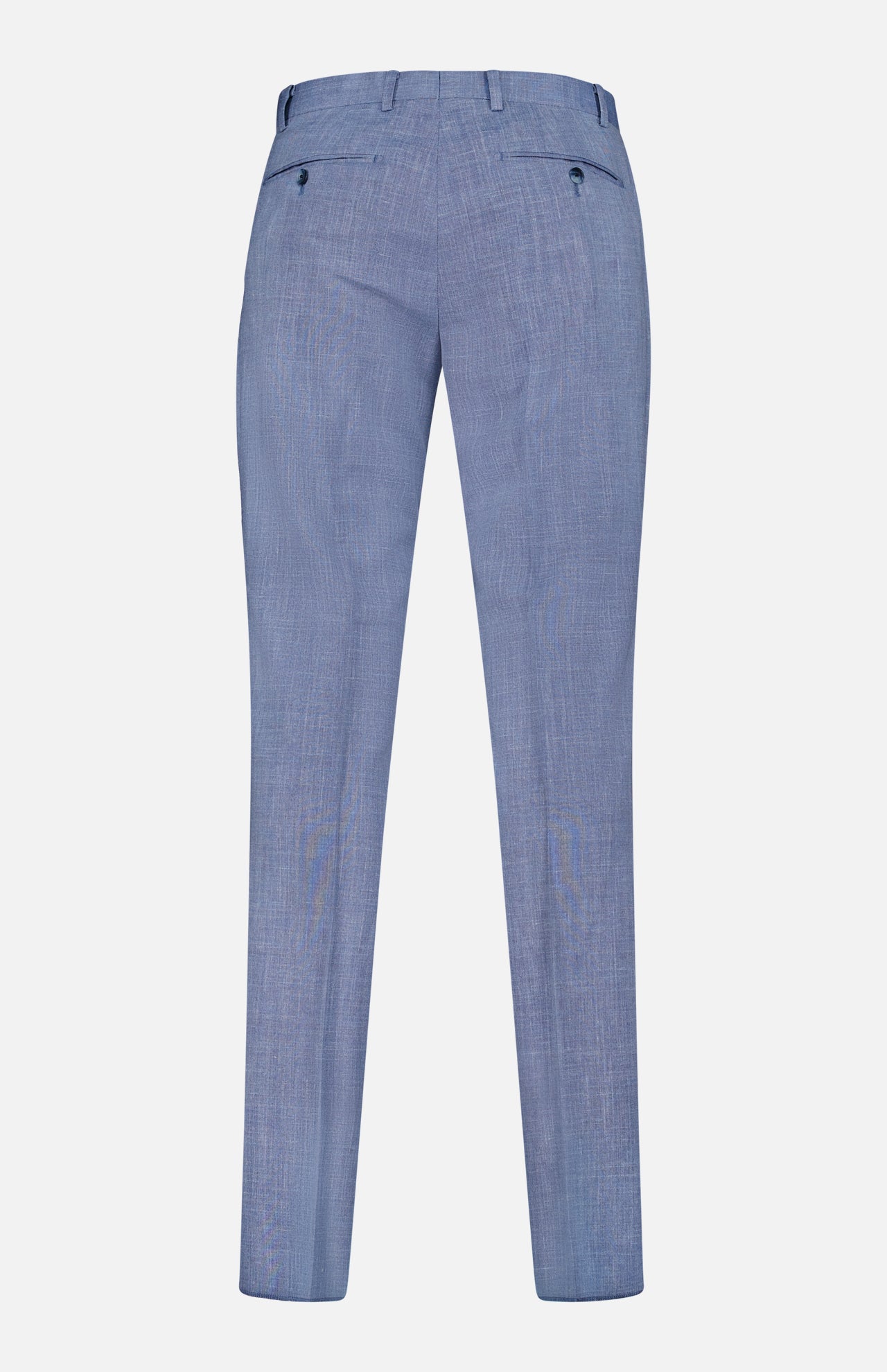 Light blue slim-fit suit pants by ATELIER MUNRO, shown from the back with two buttoned pockets and belt loops. Perfect for pairing with the Melange Wool Silk and Linen Suit. Displayed against a plain white background.
