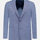 The Melange Wool Silk and Linen Suit blazer by ATELIER MUNRO features a light blue hue, subtle textured pattern, notched lapels, two front patch pockets, and a single button closure, shown against a plain white background.