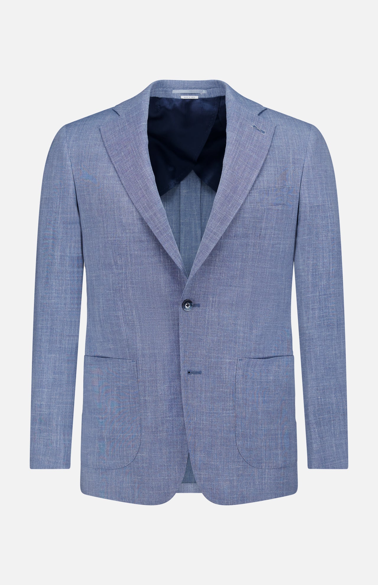 The Melange Wool Silk and Linen Suit blazer by ATELIER MUNRO features a light blue hue, subtle textured pattern, notched lapels, two front patch pockets, and a single button closure, shown against a plain white background.