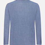 The Melange Wool Silk and Linen Suit by ATELIER MUNRO is shown from the back against a white background. This single-breasted blazer has a straight fit, minimal detailing, and soft, textured fabric for a refined look.