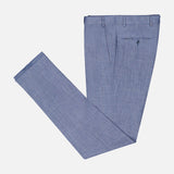 ATELIER MUNRO Melange Wool Silk and Linen Suit pants in light blue, neatly folded with a visible back pocket and button, displayed on a plain white background.