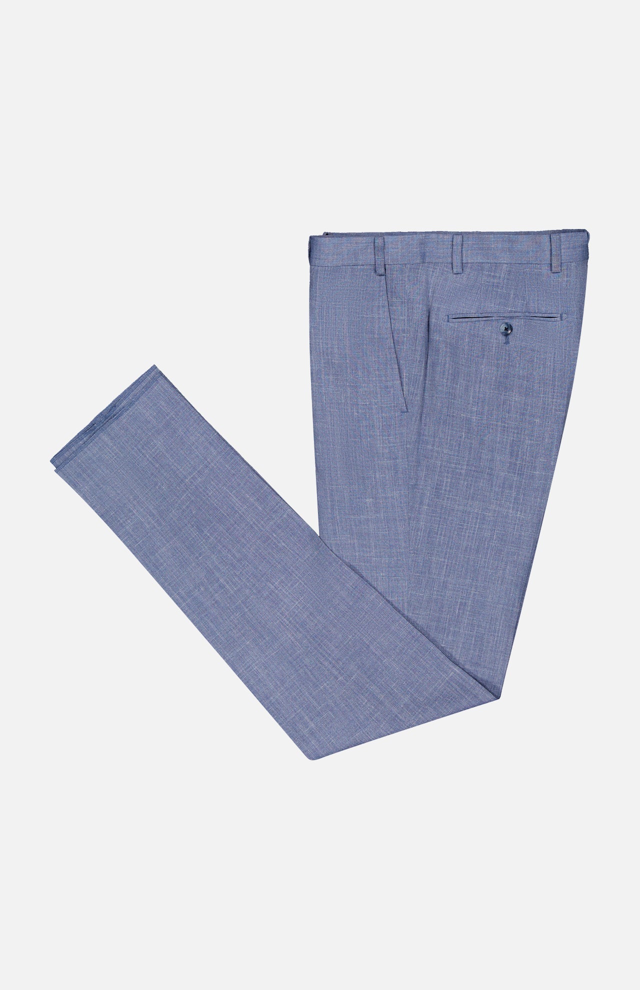ATELIER MUNRO Melange Wool Silk and Linen Suit pants in light blue, neatly folded with a visible back pocket and button, displayed on a plain white background.