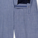 ATELIER MUNRO Melange Wool Silk and Linen Suit pants in light blue with a textured weave. Shown partially unzipped to display waistband and lining. Features flat front, belt loops; perfect for pairing with the matching suit or stylish ensembles.