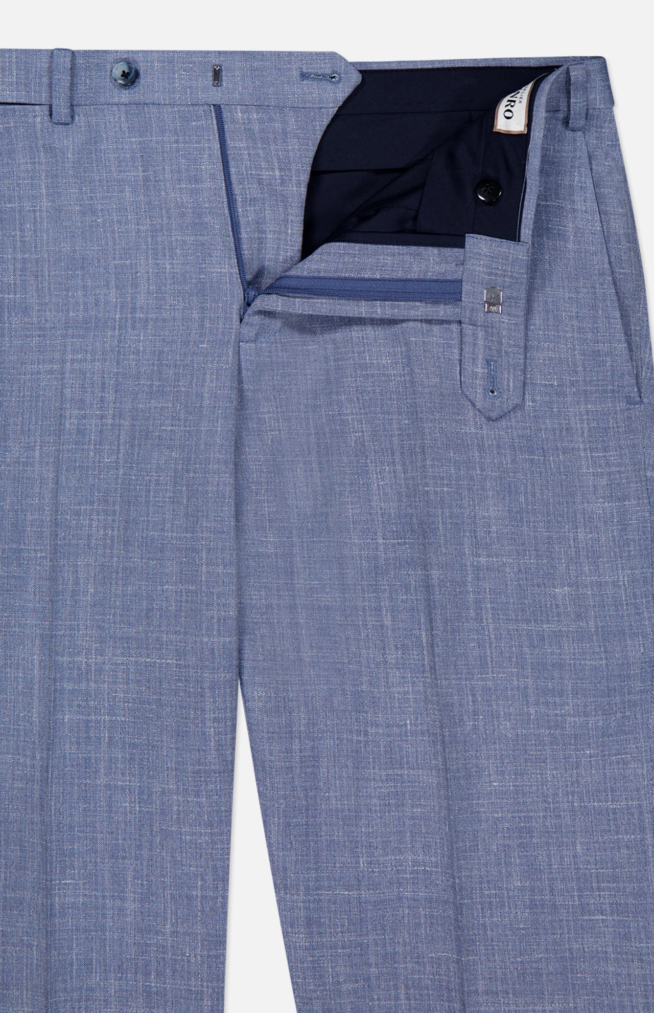 ATELIER MUNRO Melange Wool Silk and Linen Suit pants in light blue with a textured weave. Shown partially unzipped to display waistband and lining. Features flat front, belt loops; perfect for pairing with the matching suit or stylish ensembles.