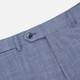 Close-up of the waistband and upper section of the Melange Wool Silk and Linen Suit trousers by ATELIER MUNRO in light blue, featuring a button closure, belt loops, and front pocket, shown against a plain white background.