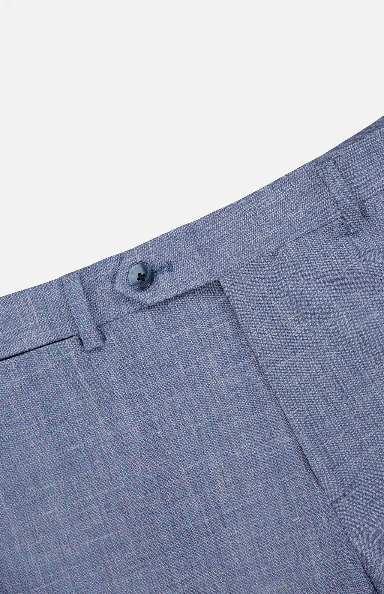 Close-up of the waistband and upper section of the Melange Wool Silk and Linen Suit trousers by ATELIER MUNRO in light blue, featuring a button closure, belt loops, and front pocket, shown against a plain white background.