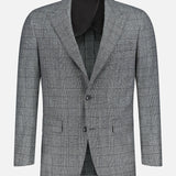 ATELIER MUNRO Peak Lapel Plaid Suit features a gray plaid design with peak lapels, two buttons, and front pockets, perfect for formal occasions. Shown on a plain white background.