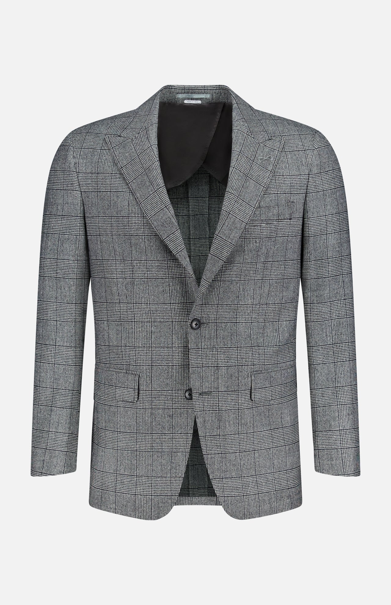 ATELIER MUNRO Peak Lapel Plaid Suit features a gray plaid design with peak lapels, two buttons, and front pockets, perfect for formal occasions. Shown on a plain white background.