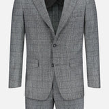 The ATELIER MUNRO Peak Lapel Plaid Suit features a gray and white plaid design with a tailored peak lapel jacket and matching trousers, shown on a plain white background—ideal for formal occasions.