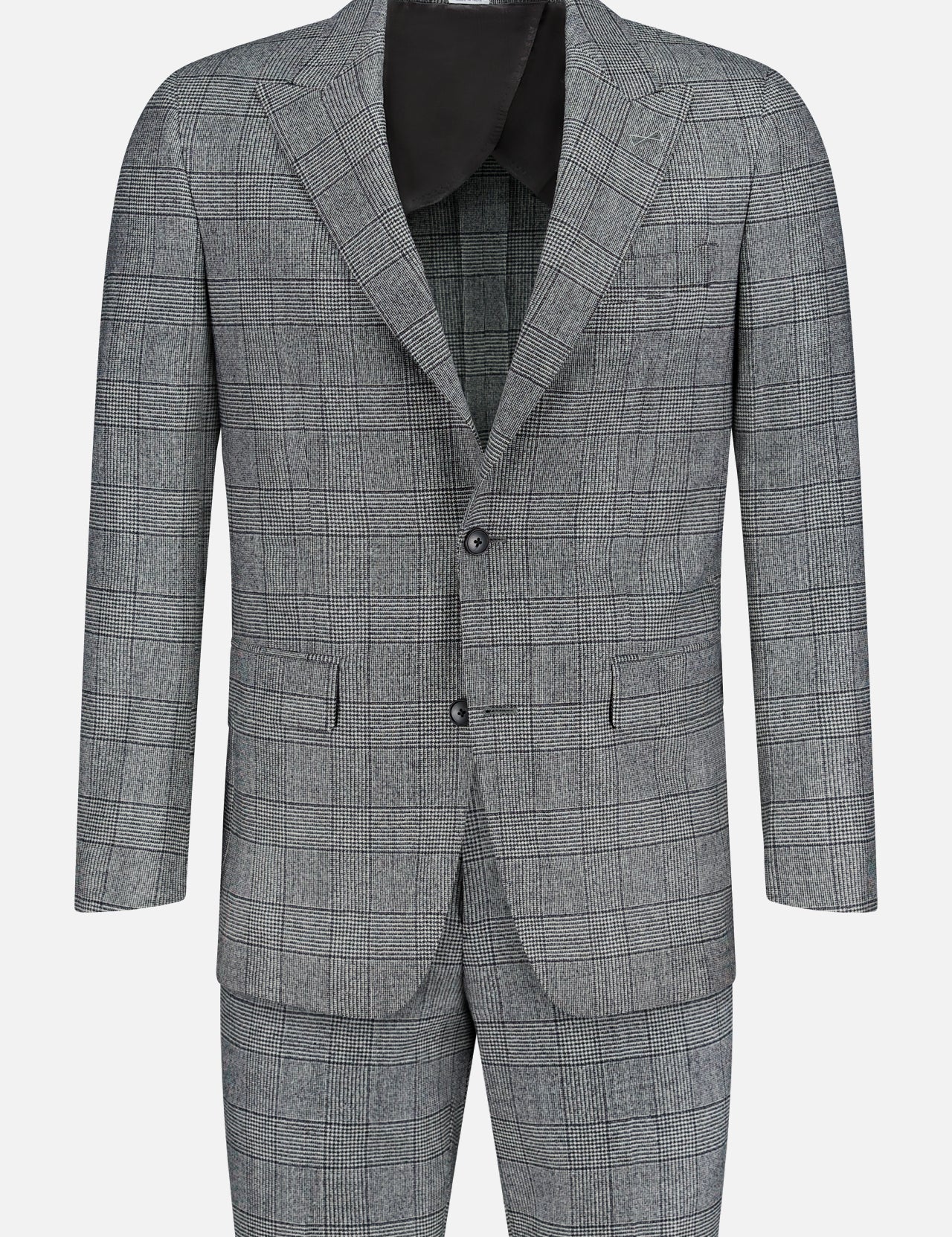 The ATELIER MUNRO Peak Lapel Plaid Suit features a gray and white plaid design with a tailored peak lapel jacket and matching trousers, shown on a plain white background—ideal for formal occasions.