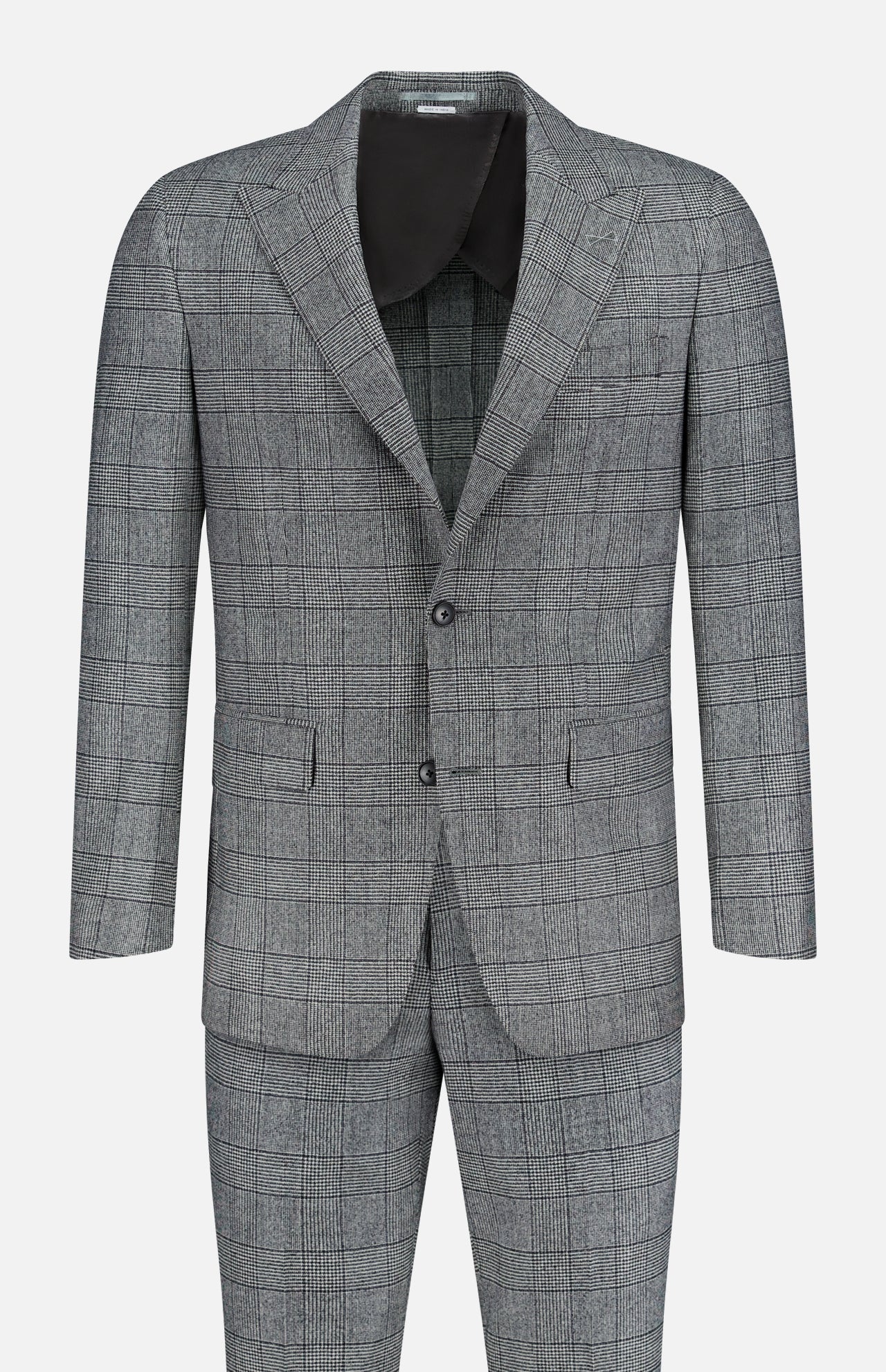 The ATELIER MUNRO Peak Lapel Plaid Suit features a gray and white plaid design with a tailored peak lapel jacket and matching trousers, shown on a plain white background—ideal for formal occasions.