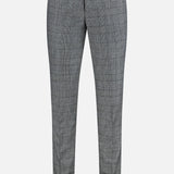 The Peak Lapel Plaid Suit by ATELIER MUNRO features slim-fit gray plaid design with classic black and white patterns, belt loops, zip fly, and front pockets—ideal for formal events. Shown on a plain white background.