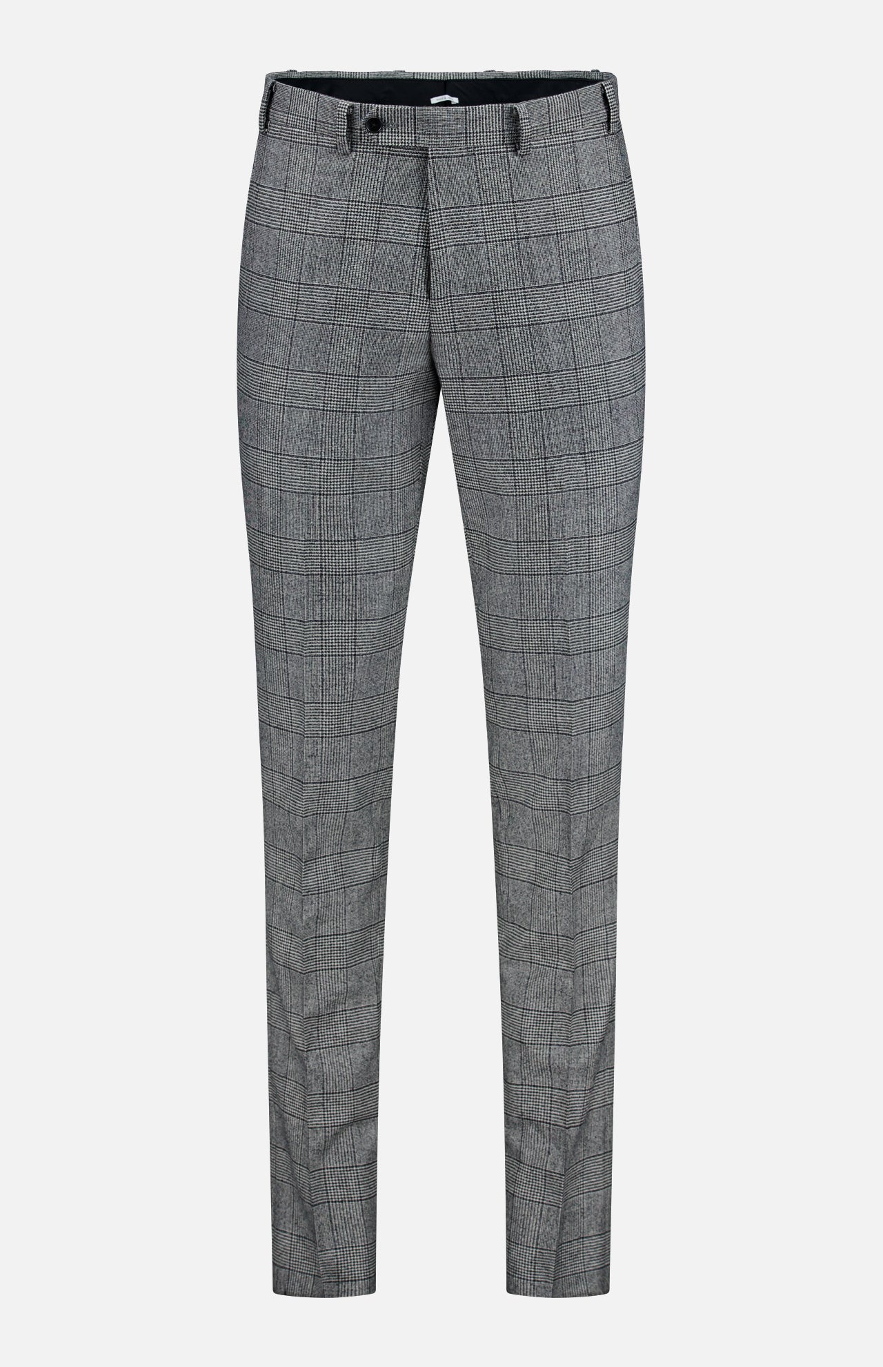 The Peak Lapel Plaid Suit by ATELIER MUNRO features slim-fit gray plaid design with classic black and white patterns, belt loops, zip fly, and front pockets—ideal for formal events. Shown on a plain white background.