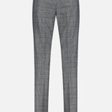 The Peak Lapel Plaid Suit by ATELIER MUNRO features gray dress pants with a black checkered pattern, two back pockets with black buttons, and belt loops at the waistband. Shown from the back.