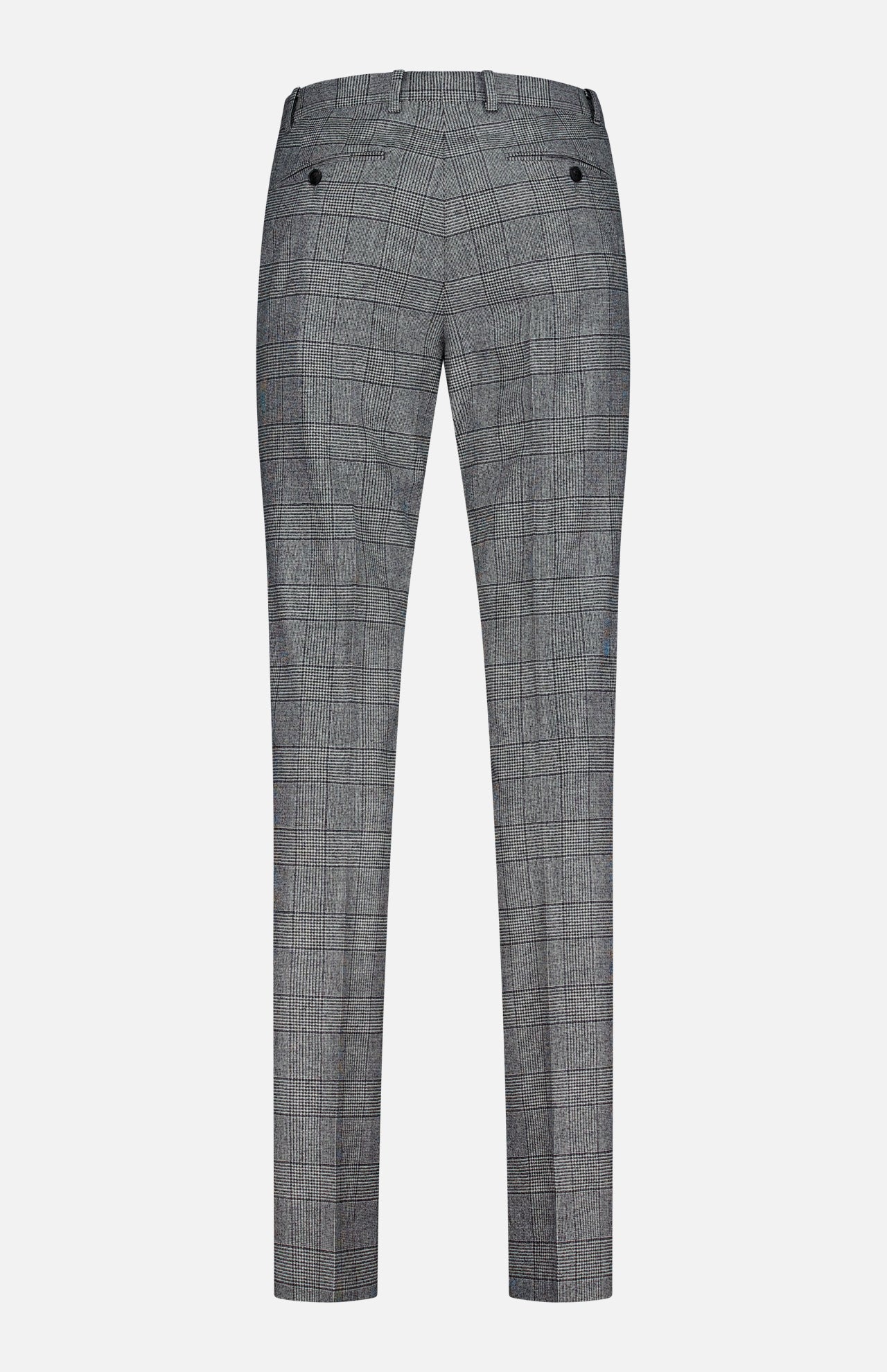 The Peak Lapel Plaid Suit by ATELIER MUNRO features gray dress pants with a black checkered pattern, two back pockets with black buttons, and belt loops at the waistband. Shown from the back.