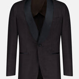 The ATELIER MUNRO Shawl Lapel Tuxedo Suit in black pure wool features a satin shawl lapel, single button closure, and front pockets, shown on a plain white background.