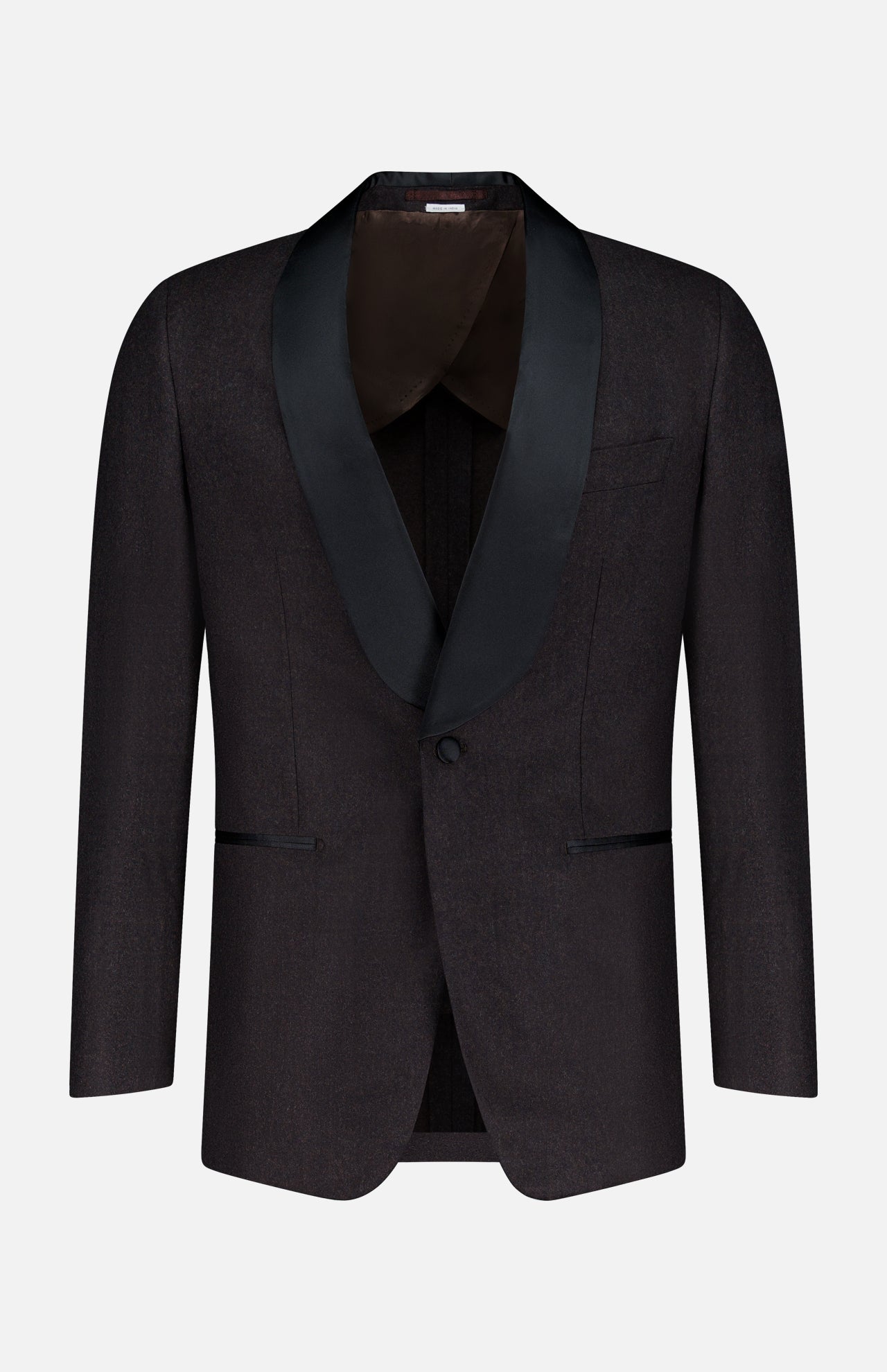 The ATELIER MUNRO Shawl Lapel Tuxedo Suit in black pure wool features a satin shawl lapel, single button closure, and front pockets, shown on a plain white background.