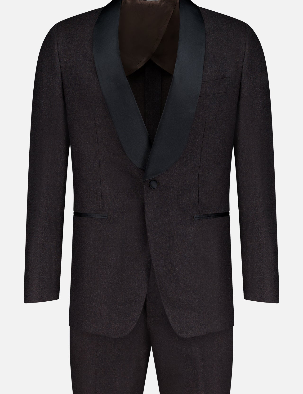 The Shawl Lapel Tuxedo Suit by ATELIER MUNRO features a dark brown pure wool design with a single button, black satin shawl lapel, and two front pockets, shown on a plain white background.